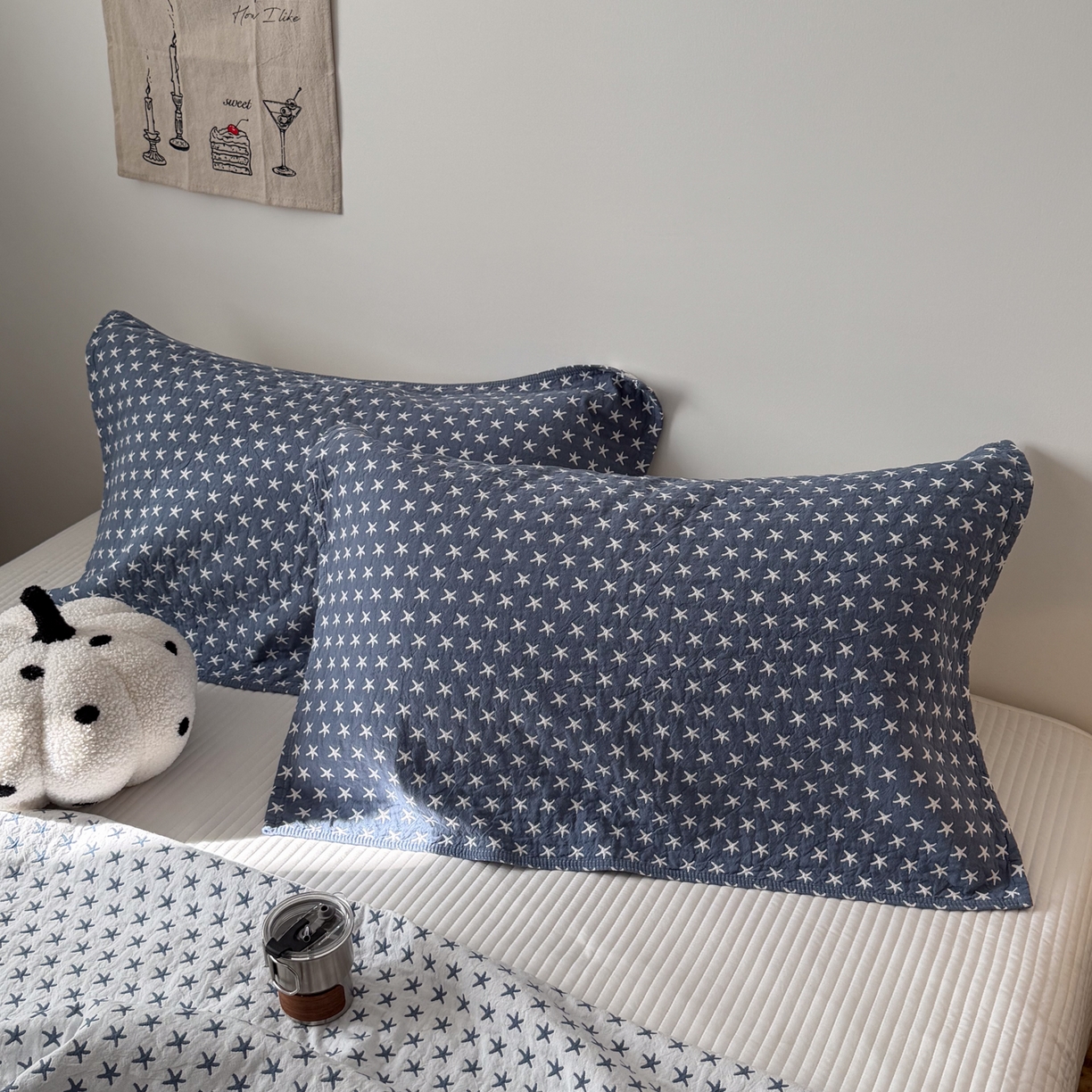 91家纺网 家纺一手货源 找家纺 沐瑟家纺 2026春夏新款安心棉床盖三件套 星星-蓝色