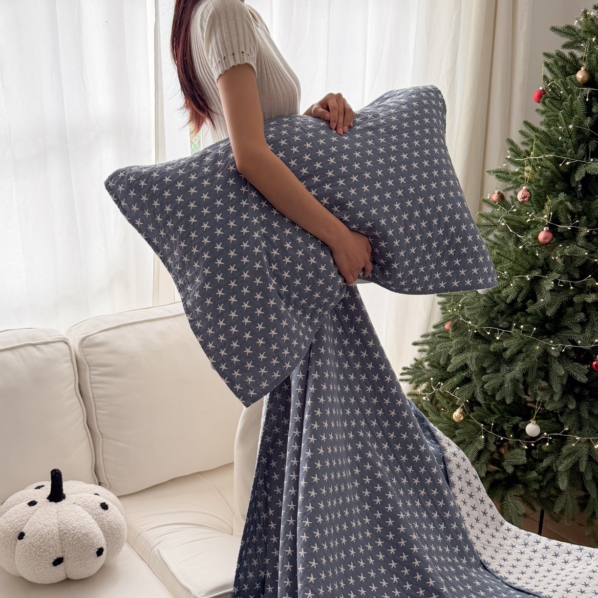 91家纺网 家纺一手货源 找家纺 沐瑟家纺 2026春夏新款安心棉床盖三件套 星星-蓝色