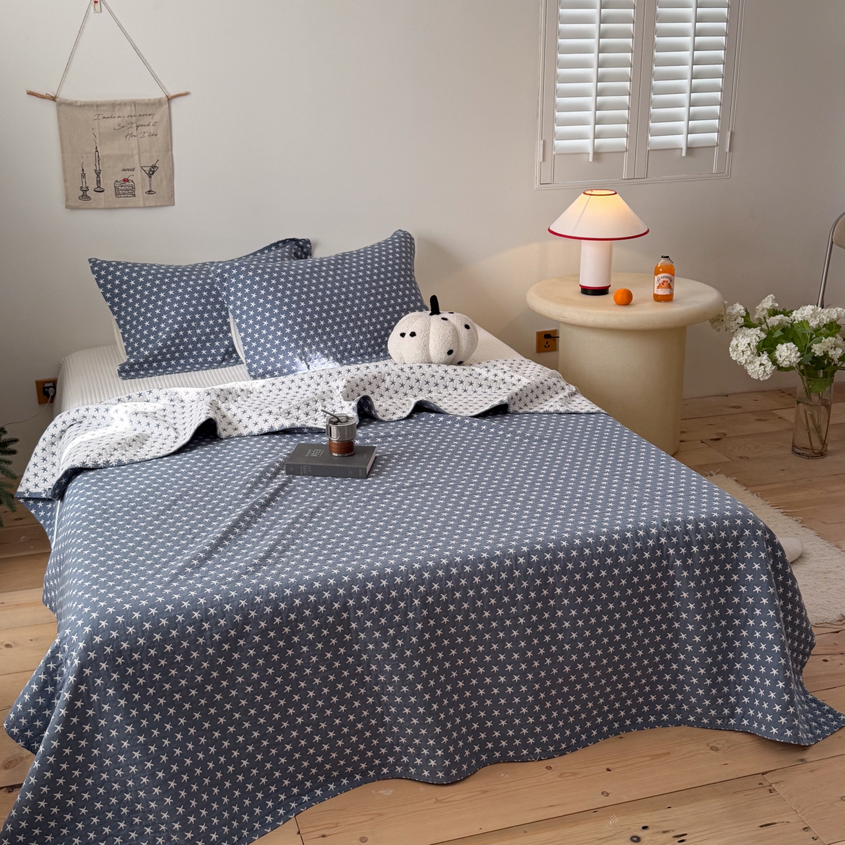 91家纺网 家纺一手货源 找家纺 沐瑟家纺 2026春夏新款安心棉床盖三件套 星星-蓝色