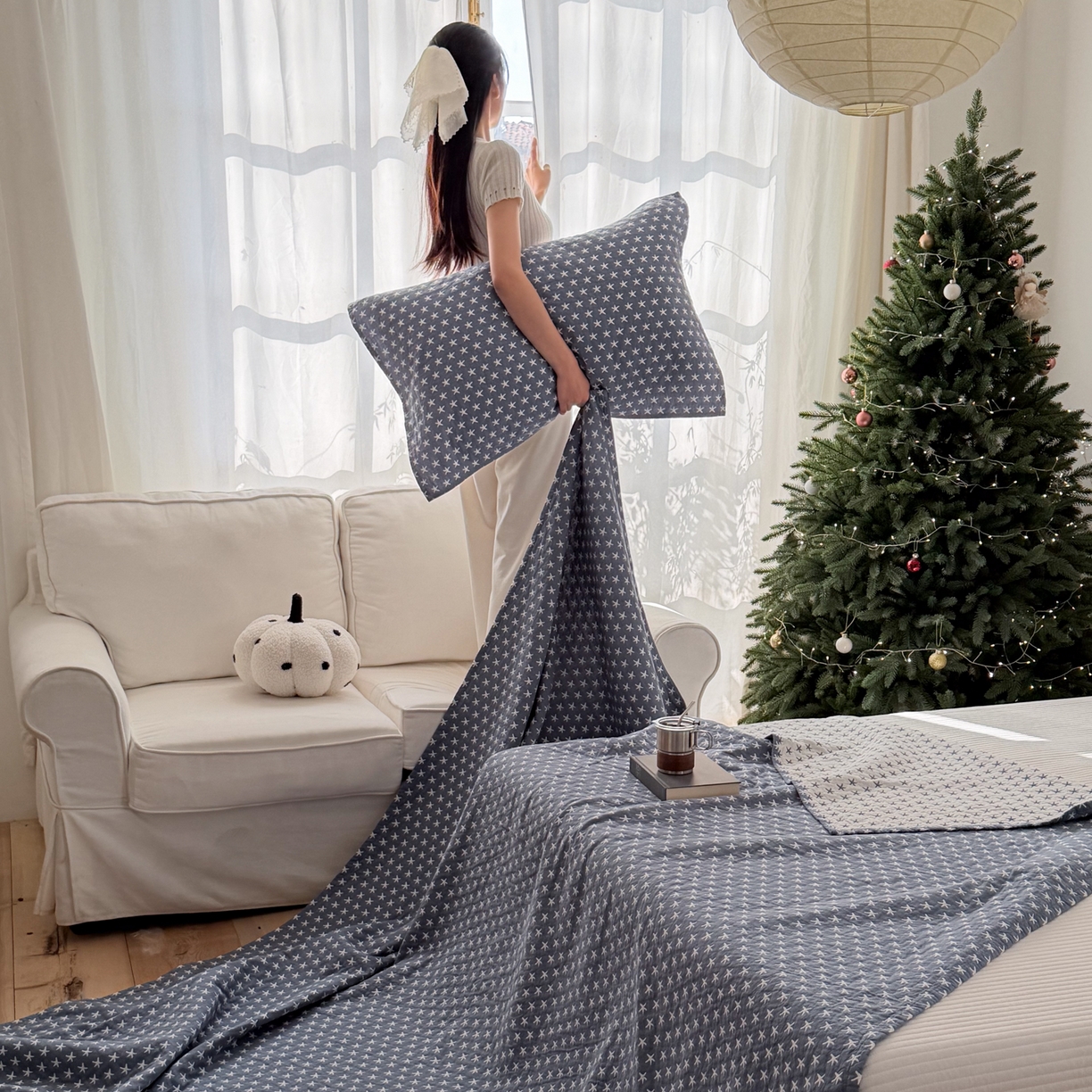 91家纺网 家纺一手货源 找家纺 沐瑟家纺 2026春夏新款安心棉床盖三件套 星星-蓝色