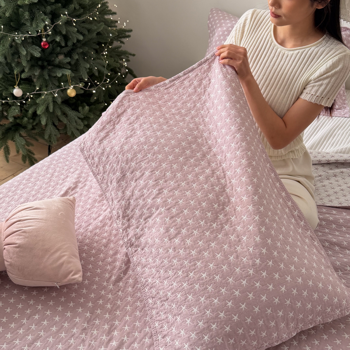 91家纺网 家纺一手货源 找家纺 沐瑟家纺 2026春夏新款安心棉床盖三件套 星星-紫色