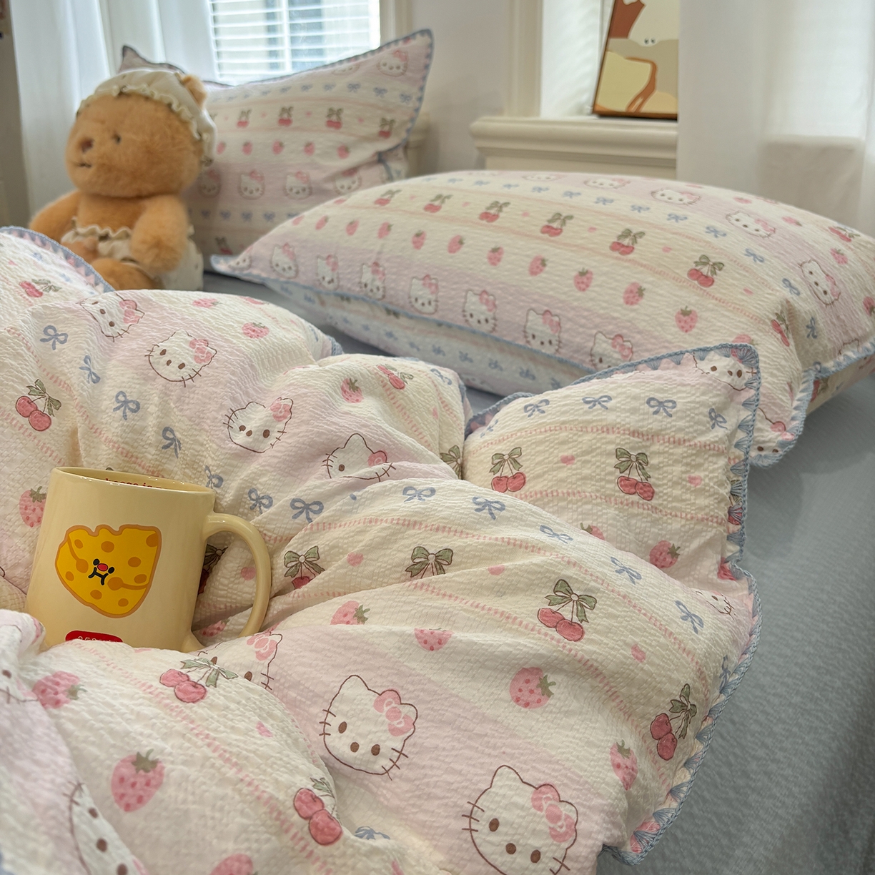 绒世界 2026新款专版泡芙棉三角针工艺四件套 软萌粉屋