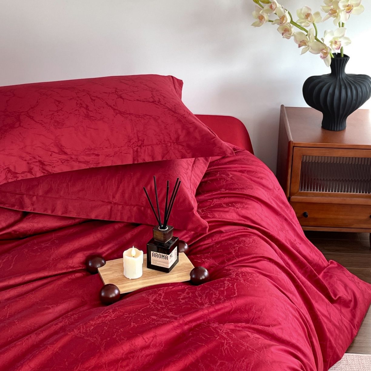 91家纺网 家纺一手货源 找家纺 （总）ONE TWO ONE 121 2026新款全棉纯棉100s长绒棉50支床上用品结婚大红色婚庆四件套提花-清雅-女神