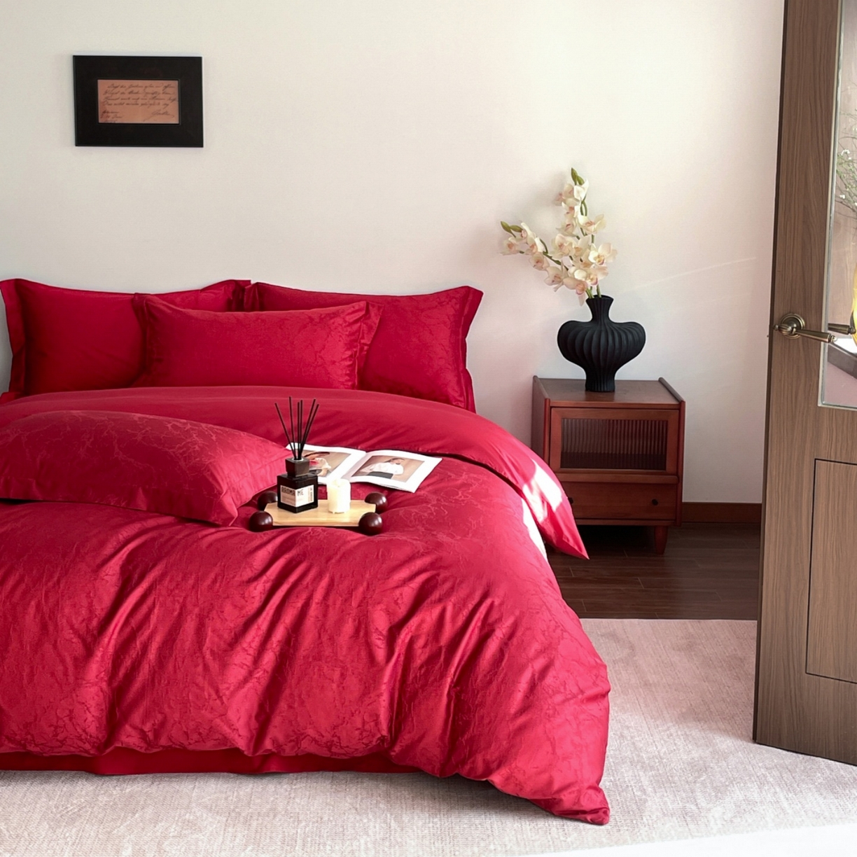 91家纺网 家纺一手货源 找家纺 （总）ONE TWO ONE 121 2026新款全棉纯棉100s长绒棉50支床上用品结婚大红色婚庆四件套提花-清雅-女神