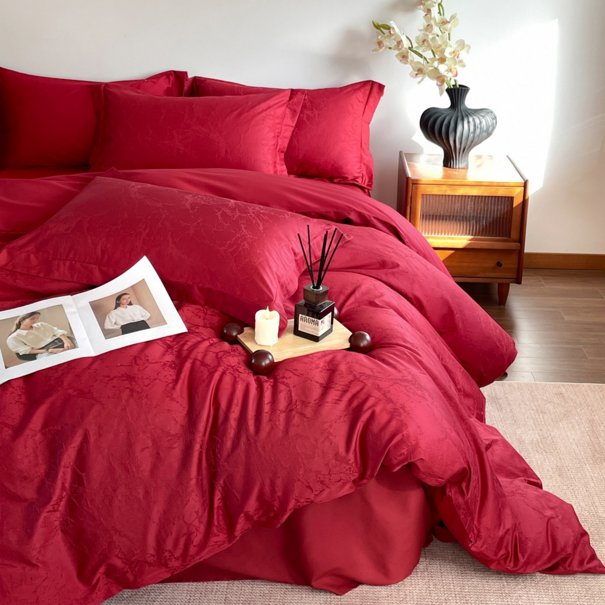 91家纺网 家纺一手货源 找家纺 （总）ONE TWO ONE 121 2026新款全棉纯棉100s长绒棉50支床上用品结婚大红色婚庆四件套提花-清雅-女神