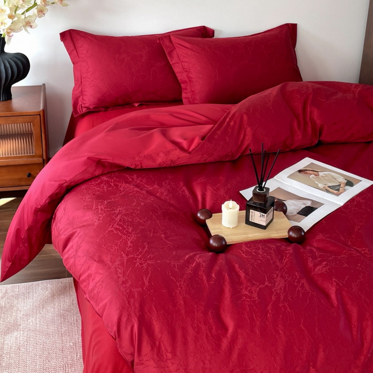 91家纺网 家纺一手货源 找家纺 （总）ONE TWO ONE 121 2026新款全棉纯棉100s长绒棉50支床上用品结婚大红色婚庆四件套提花-清雅-女神