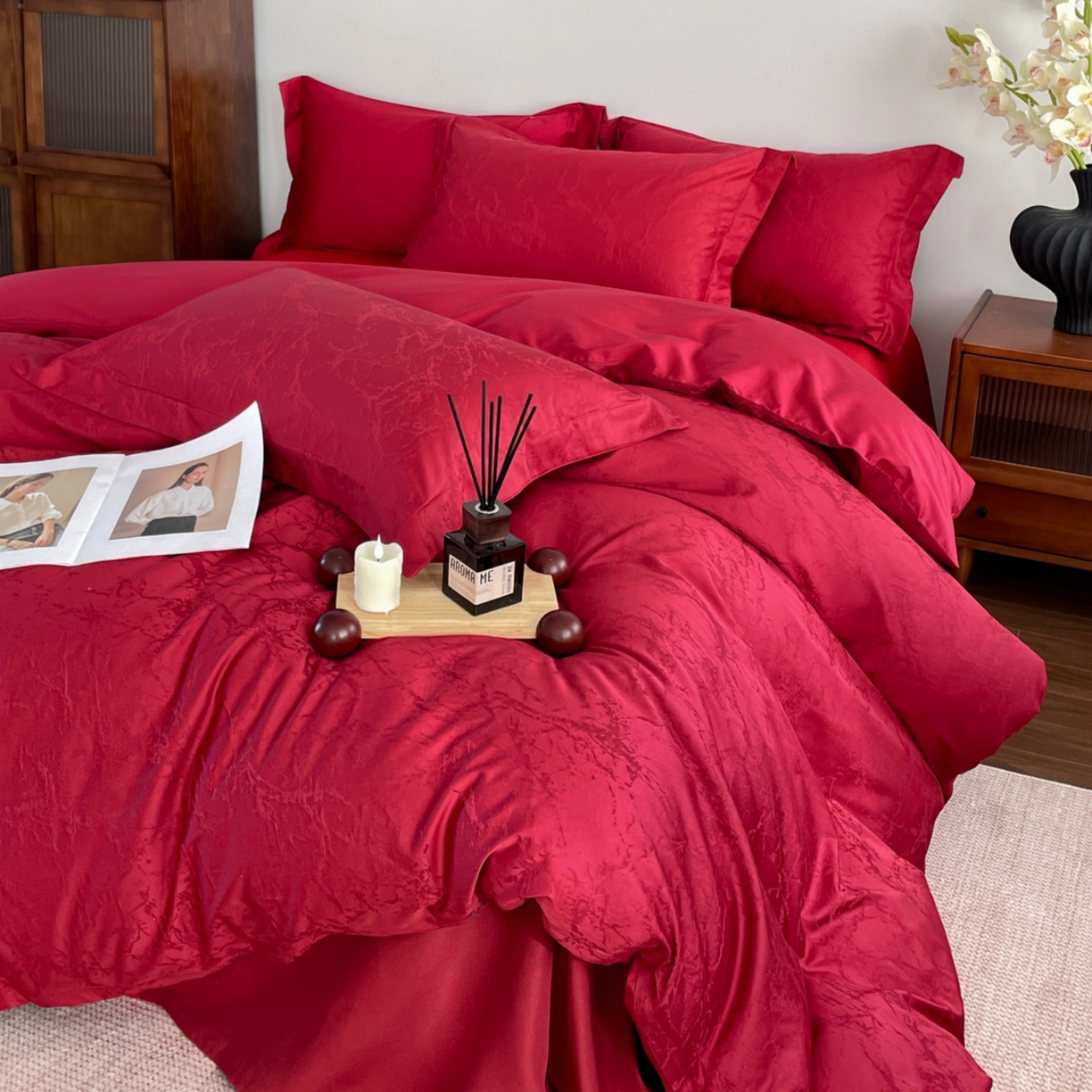 91家纺网 家纺一手货源 找家纺 （总）ONE TWO ONE 121 2026新款全棉纯棉100s长绒棉50支床上用品结婚大红色婚庆四件套提花-清雅-女神