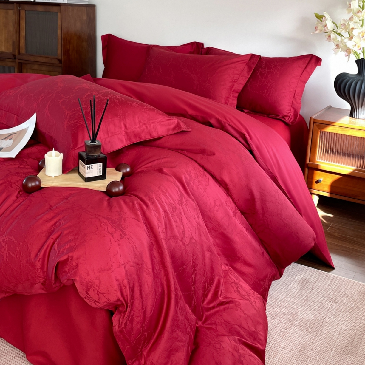 91家纺网 家纺一手货源 找家纺 （总）ONE TWO ONE 121 2026新款全棉纯棉100s长绒棉50支床上用品结婚大红色婚庆四件套提花-清雅-女神