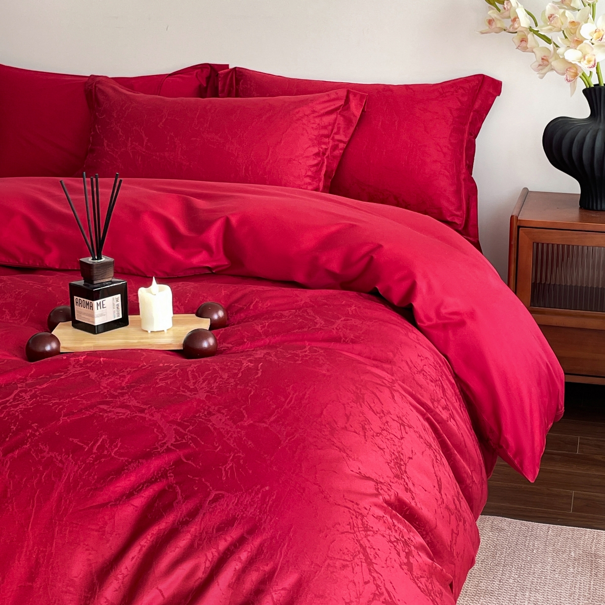 91家纺网 家纺一手货源 找家纺 （总）ONE TWO ONE 121 2026新款全棉纯棉100s长绒棉50支床上用品结婚大红色婚庆四件套提花-清雅-女神