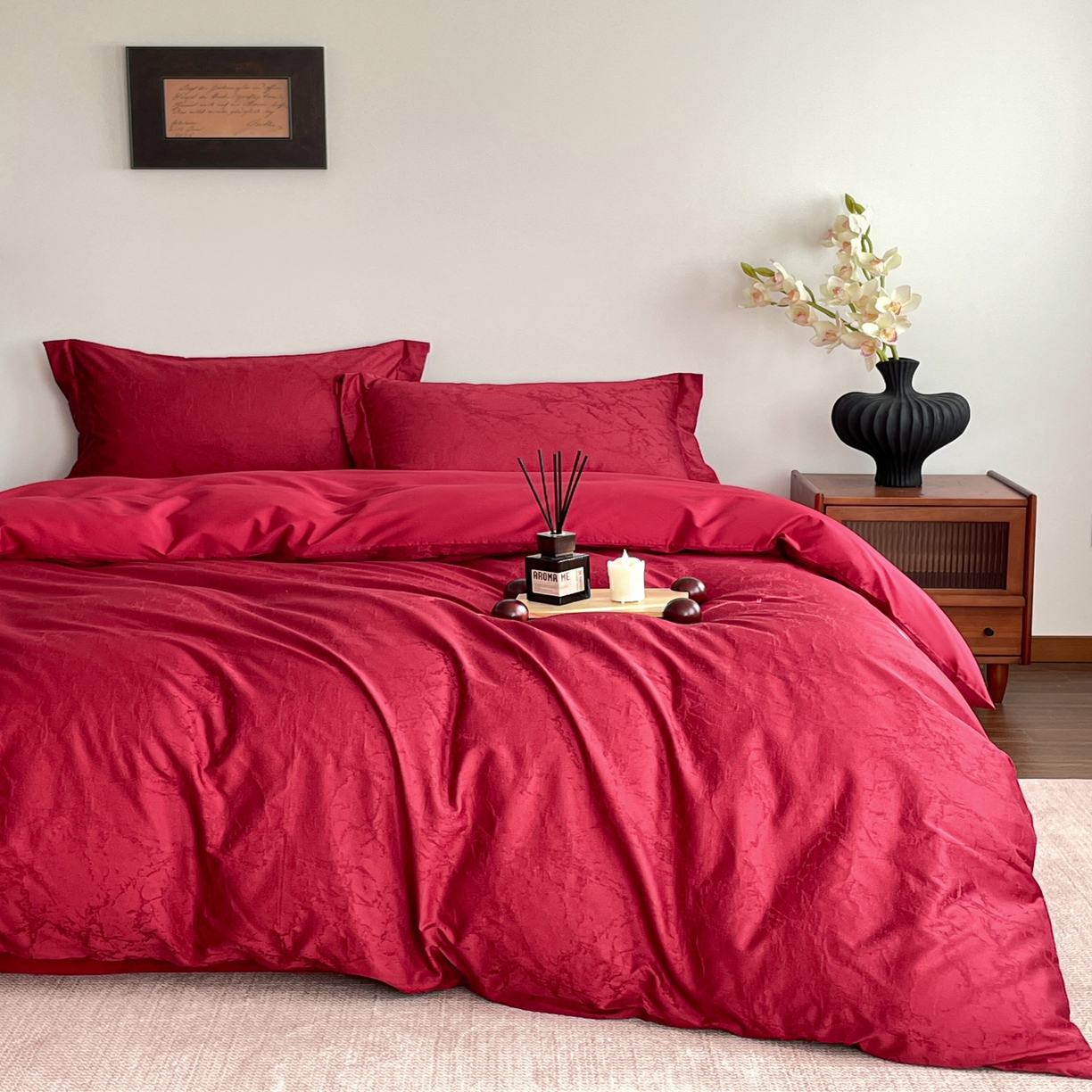 91家纺网 家纺一手货源 找家纺 （总）ONE TWO ONE 121 2026新款全棉纯棉100s长绒棉50支床上用品结婚大红色婚庆四件套提花-清雅-女神