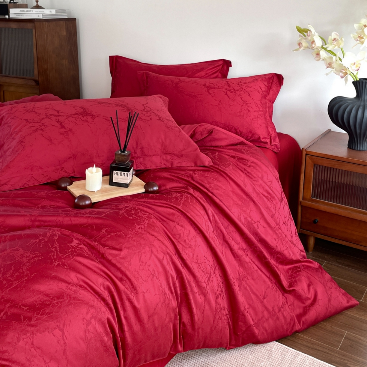 91家纺网 家纺一手货源 找家纺 （总）ONE TWO ONE 121 2026新款全棉纯棉100s长绒棉50支床上用品结婚大红色婚庆四件套提花-清雅-女神