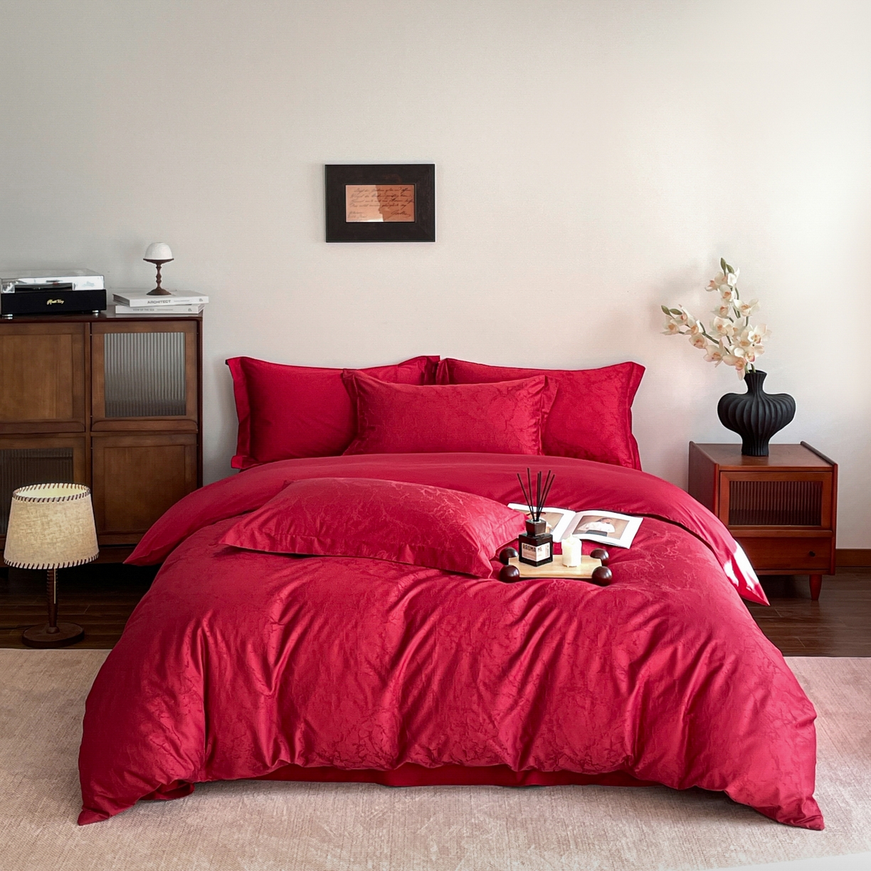 91家纺网 家纺一手货源 找家纺 （总）ONE TWO ONE 121 2026新款全棉纯棉100s长绒棉50支床上用品结婚大红色婚庆四件套提花-清雅-女神