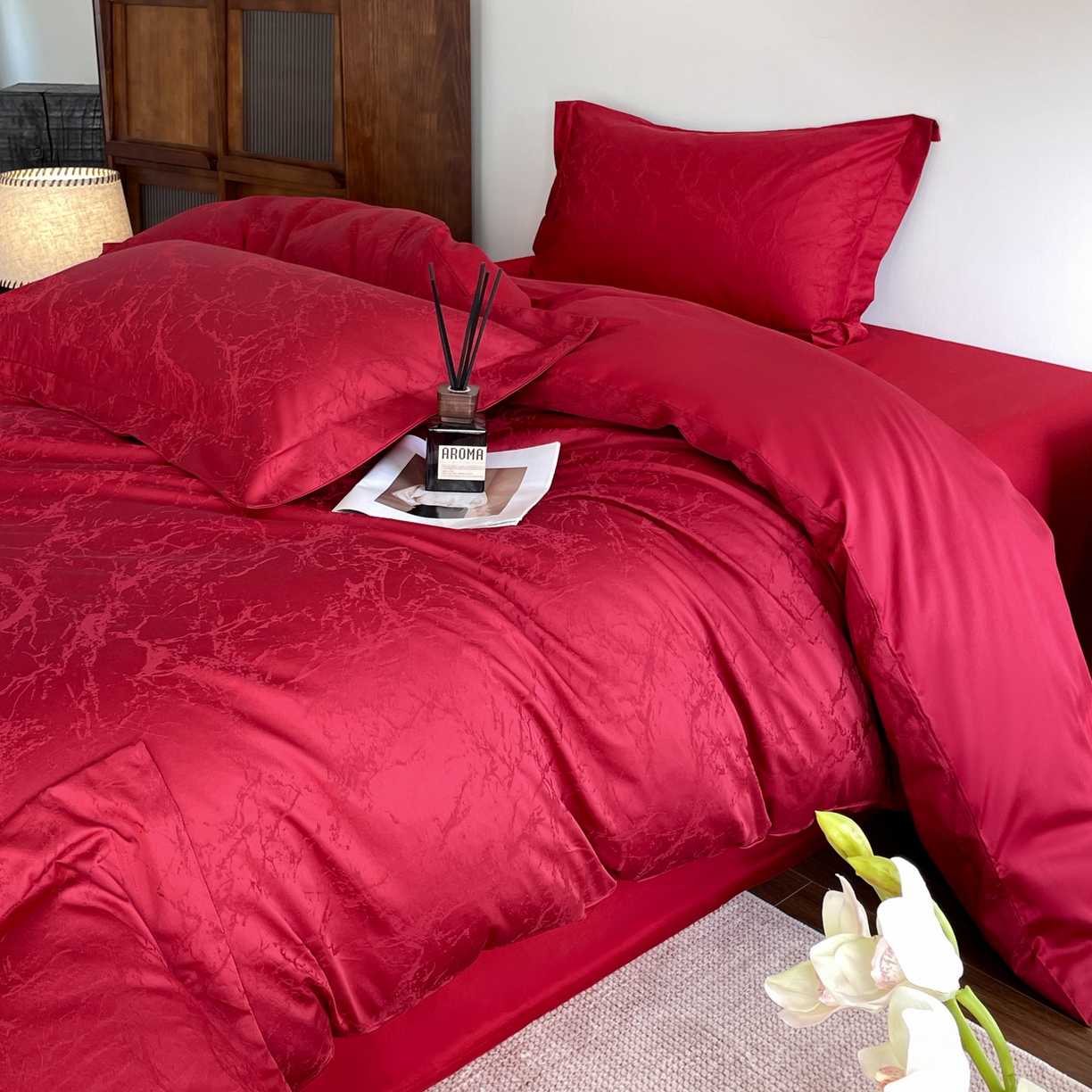 91家纺网 家纺一手货源 找家纺 （总）ONE TWO ONE 121 2026新款全棉纯棉100s长绒棉50支床上用品结婚大红色婚庆四件套提花-清雅-女神