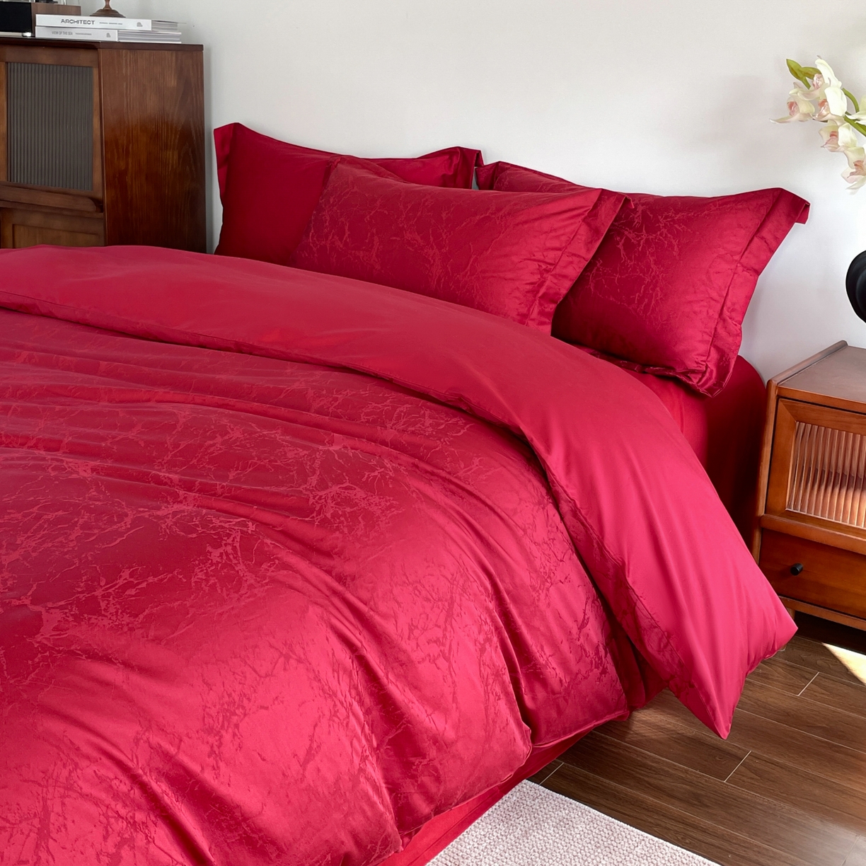 91家纺网 家纺一手货源 找家纺 （总）ONE TWO ONE 121 2026新款全棉纯棉100s长绒棉50支床上用品结婚大红色婚庆四件套提花-清雅-女神