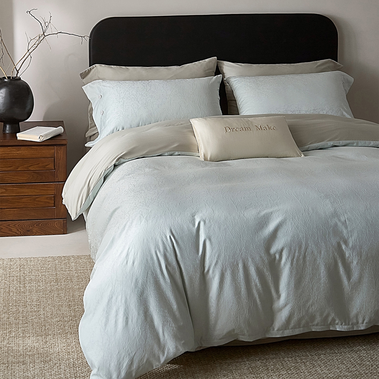 91家纺网 家纺一手货源 找家纺 ONE TWO ONE 121 2026新款100A版60x16B版s50支长绒棉全棉床上用品厚织提花四件套纽扣 时光清浅