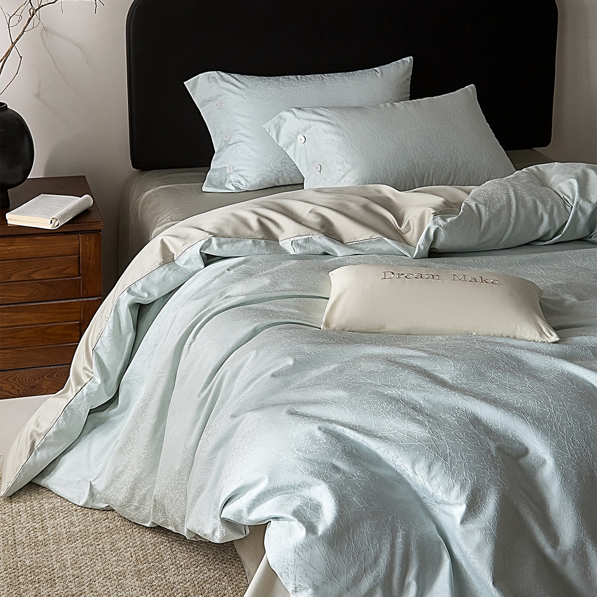 91家纺网 家纺一手货源 找家纺 ONE TWO ONE 121 2026新款100A版60x16B版s50支长绒棉全棉床上用品厚织提花四件套纽扣 时光清浅