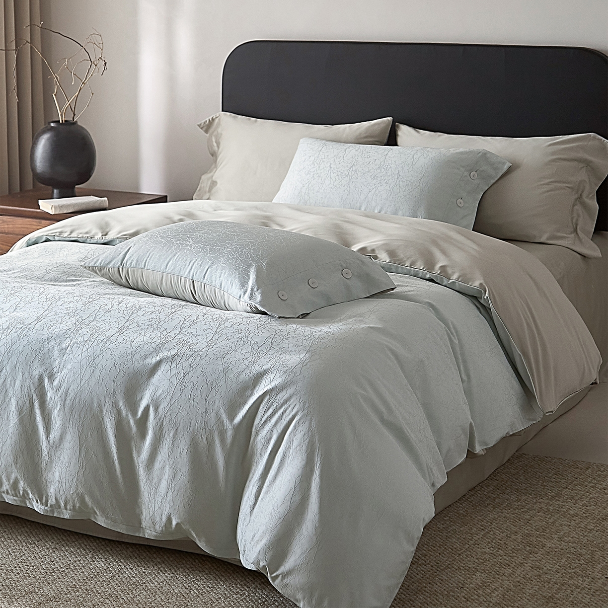 91家纺网 家纺一手货源 找家纺 ONE TWO ONE 121 2026新款100A版60x16B版s50支长绒棉全棉床上用品厚织提花四件套纽扣 时光清浅