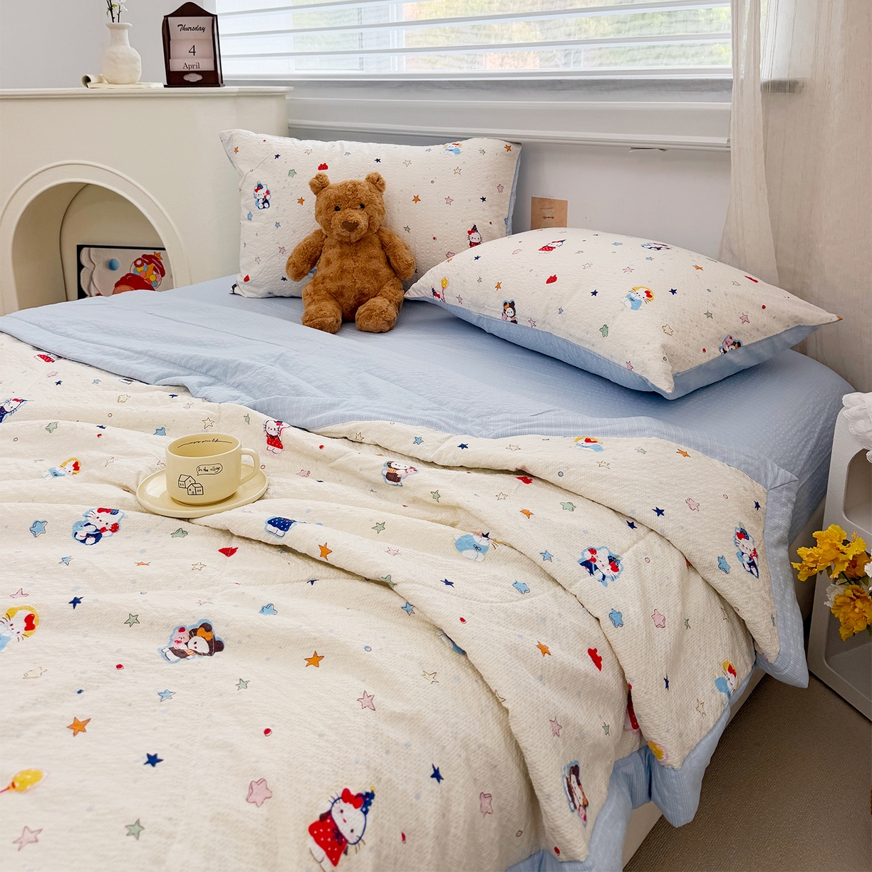 91家纺网 家纺一手货源 找家纺 娜朵家纺 2026新款A类泡芙双层纱大豆夏被夏凉被空调被四件套 星际小喵