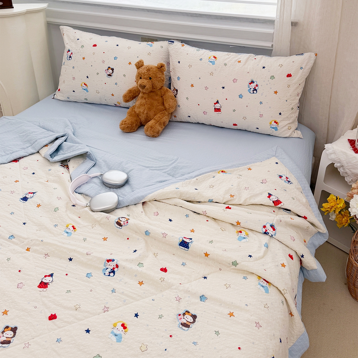 91家纺网 家纺一手货源 找家纺 娜朵家纺 2026新款A类泡芙双层纱大豆夏被夏凉被空调被四件套 星际小喵