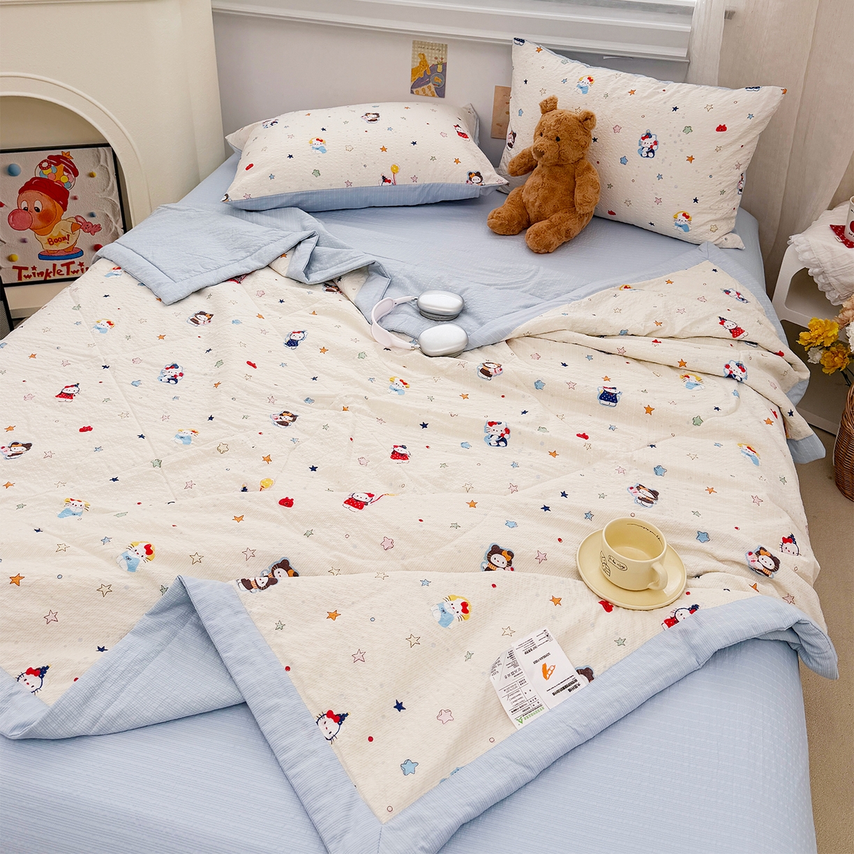 91家纺网 家纺一手货源 找家纺 娜朵家纺 2026新款A类泡芙双层纱大豆夏被夏凉被空调被四件套 星际小喵