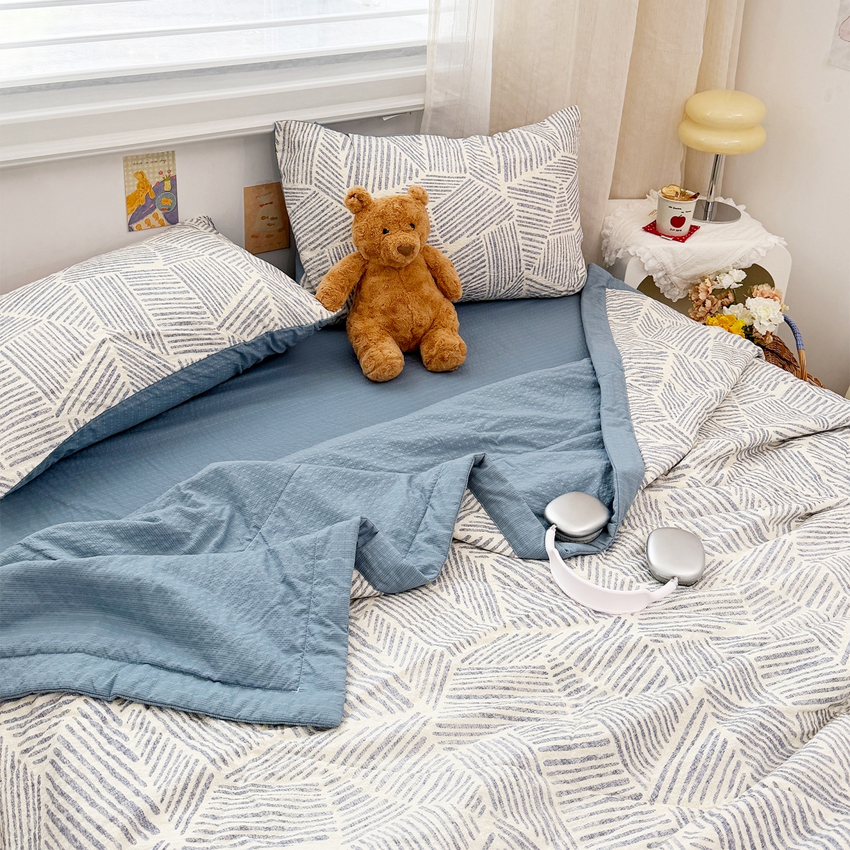 91家纺网 家纺一手货源 找家纺 娜朵家纺 2026新款A类泡芙双层纱大豆夏被夏凉被空调被四件套 极简几何