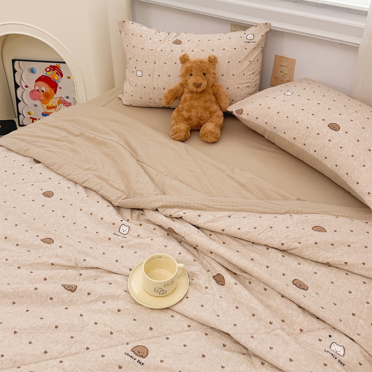 91家纺网 家纺一手货源 找家纺 娜朵家纺 2026新款A类泡芙双层纱大豆夏被夏凉被空调被四件套 饼干小狗