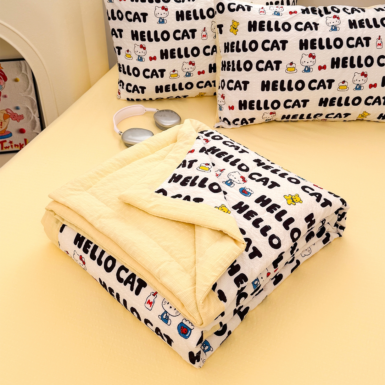 娜朵家纺 2026新款A类泡芙双层纱大豆夏被夏凉被空调被四件套 hello小猫