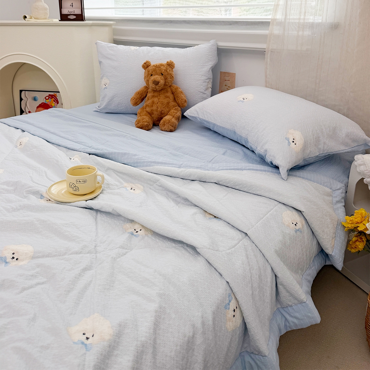 91家纺网 家纺一手货源 找家纺 娜朵家纺 2026新款A类泡芙双层纱大豆夏被夏凉被空调被四件套 绵绵狗