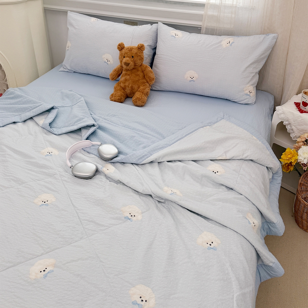 91家纺网 家纺一手货源 找家纺 娜朵家纺 2026新款A类泡芙双层纱大豆夏被夏凉被空调被四件套 绵绵狗