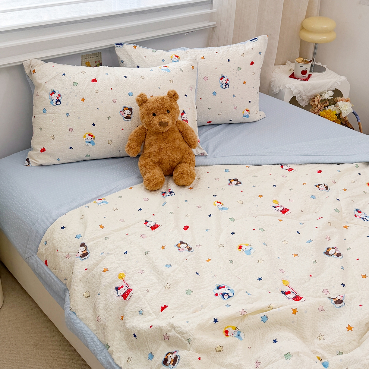 91家纺网 家纺一手货源 找家纺 娜朵家纺 2026新款A类泡芙双层纱大豆夏被夏凉被空调被四件套 星际小喵