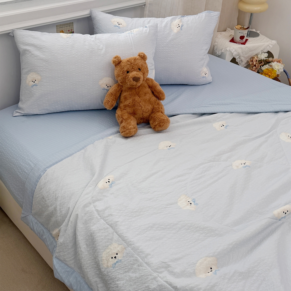 91家纺网 家纺一手货源 找家纺 娜朵家纺 2026新款A类泡芙双层纱大豆夏被夏凉被空调被四件套 绵绵狗