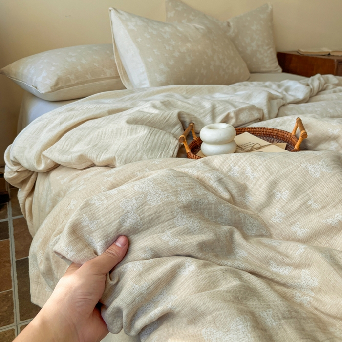 91家纺网 家纺一手货源 找家纺 梵克保罗 2026新款精选天然棉麻提花四件套 蝶舞清风