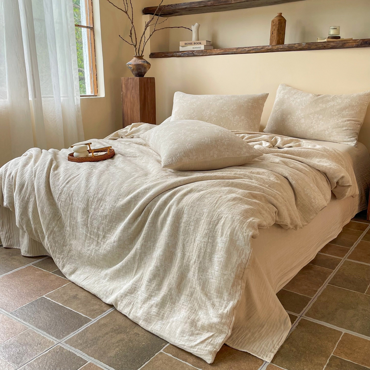 91家纺网 家纺一手货源 找家纺 梵克保罗 2026新款精选天然棉麻提花四件套 陌上花开