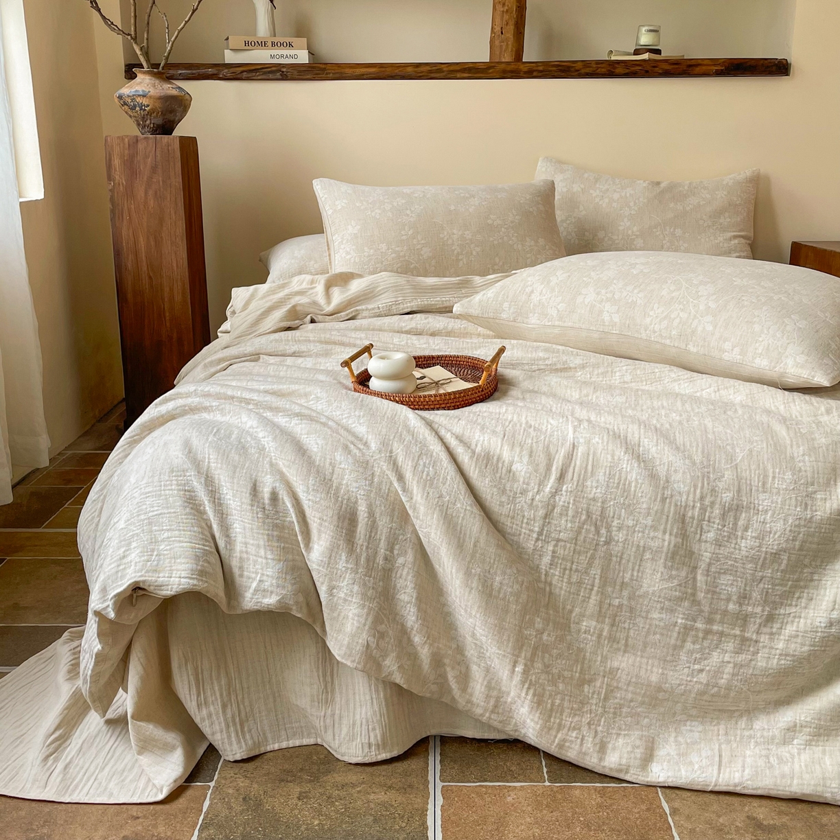 91家纺网 家纺一手货源 找家纺 梵克保罗 2026新款精选天然棉麻提花四件套 陌上花开