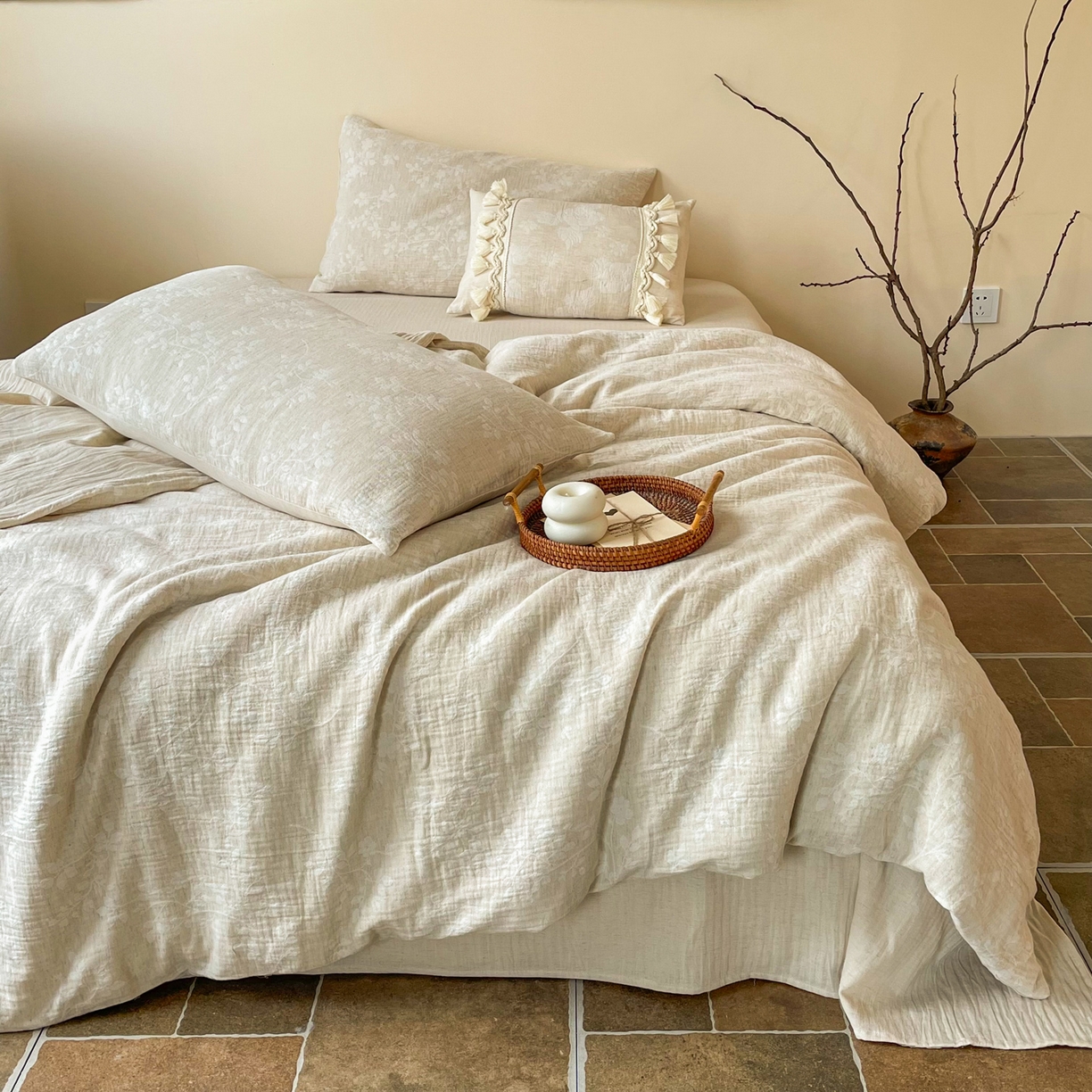 91家纺网 家纺一手货源 找家纺 梵克保罗 2026新款精选天然棉麻提花四件套 陌上花开