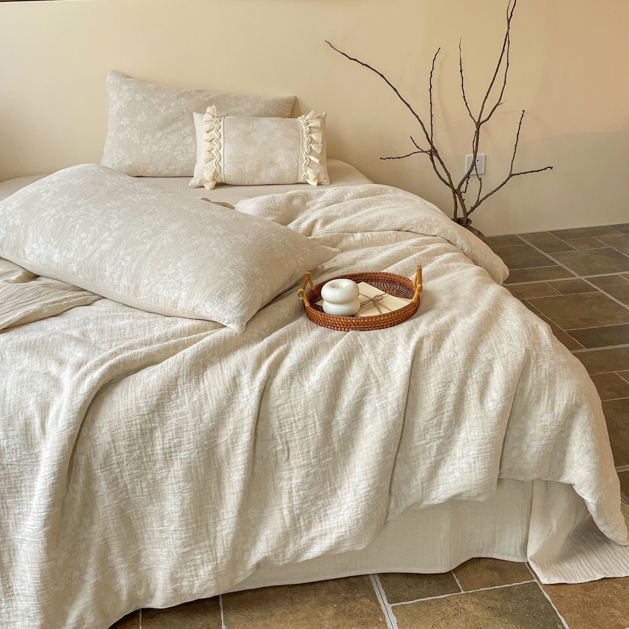 91家纺网 家纺一手货源 找家纺 梵克保罗 2026新款精选天然棉麻提花四件套 陌上花开