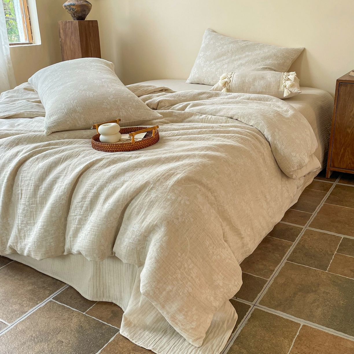 91家纺网 家纺一手货源 找家纺 梵克保罗 2026新款精选天然棉麻提花四件套 陌上花开