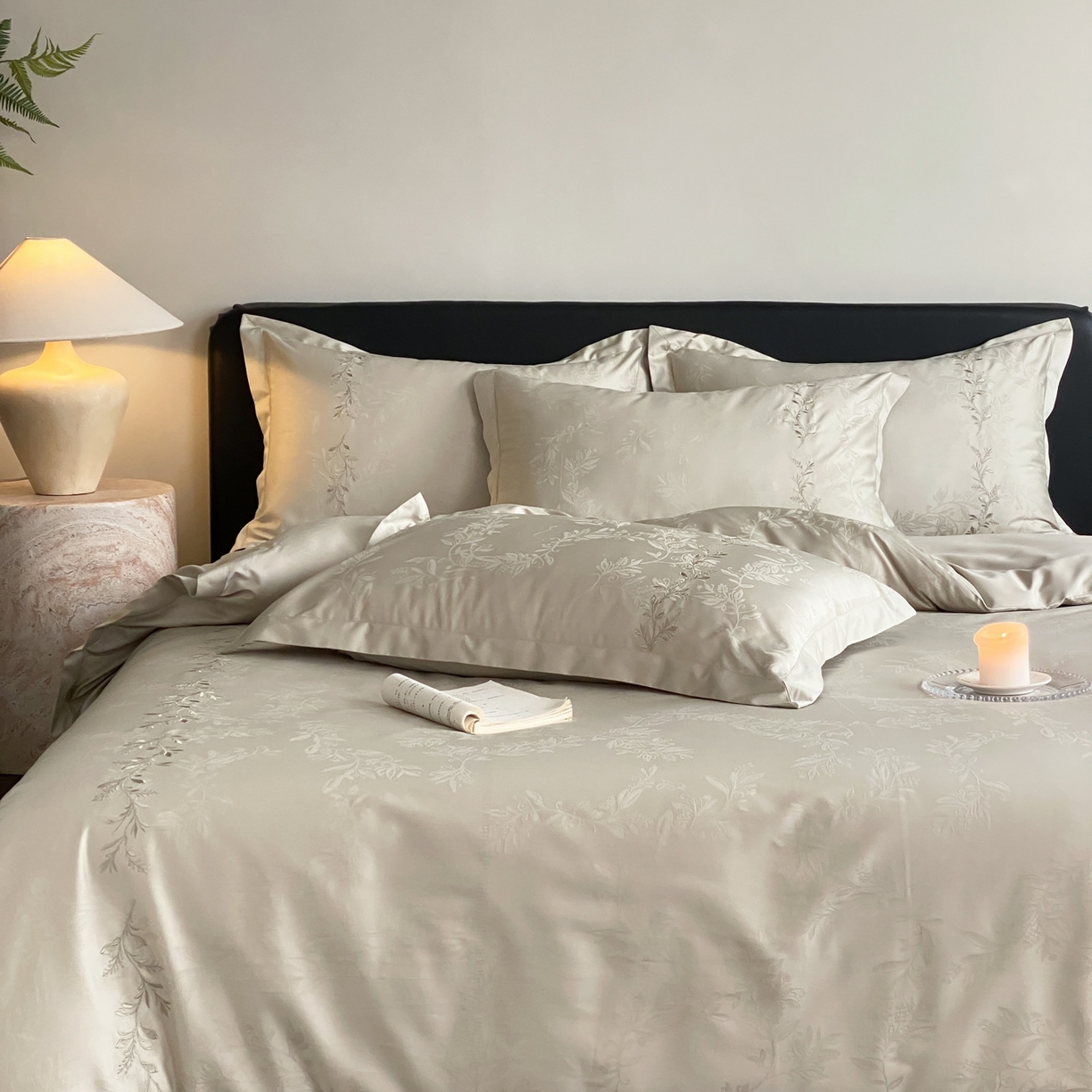 91家纺网 家纺一手货源 找家纺 赫帛 2026春夏新款高端舒柔棉提花刺绣四件套-铃兰 铃兰-嫩芽绿