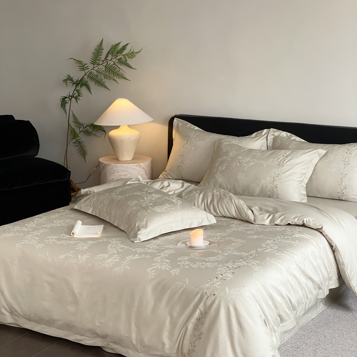 91家纺网 家纺一手货源 找家纺 赫帛 2026春夏新款高端舒柔棉提花刺绣四件套-铃兰 铃兰-嫩芽绿