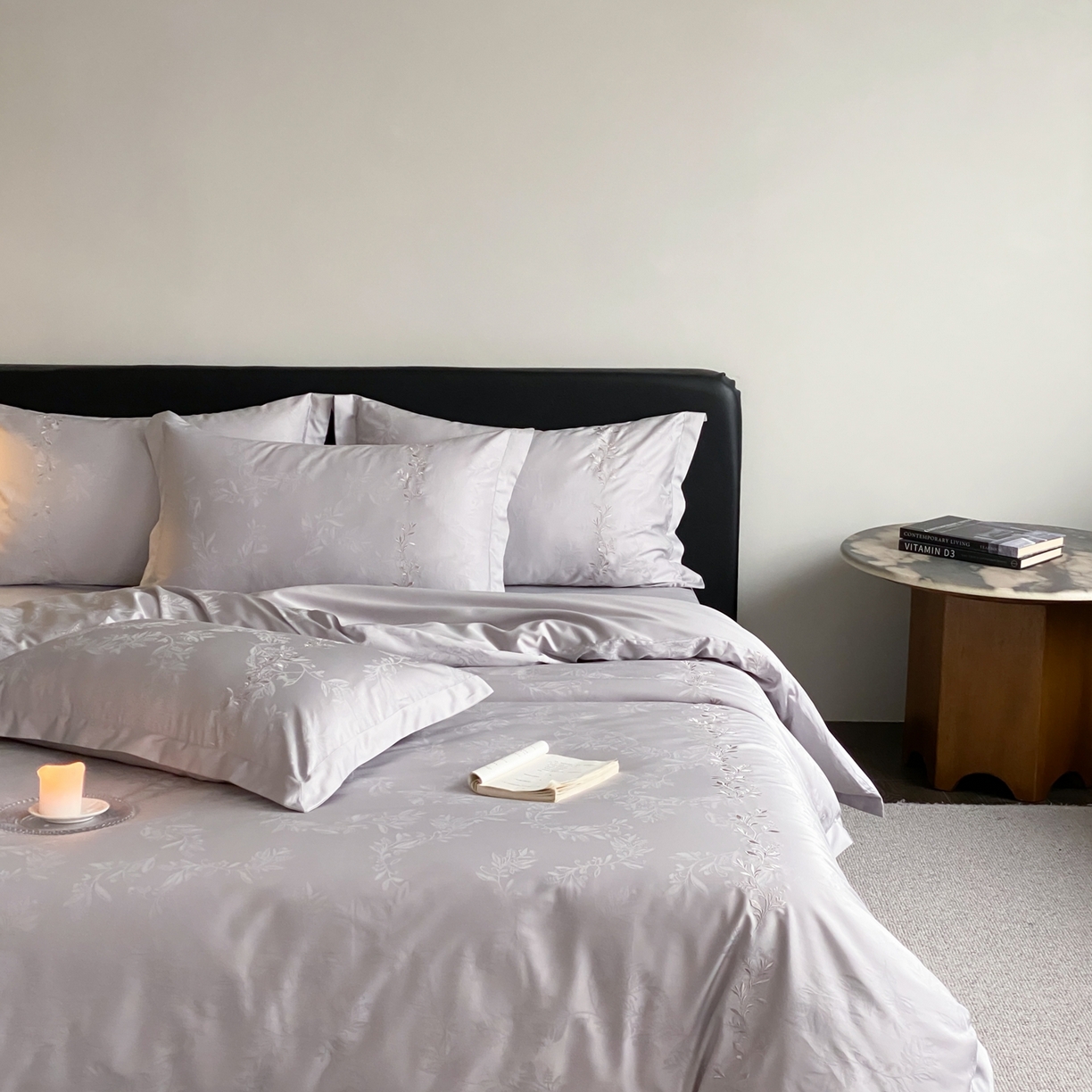 91家纺网 家纺一手货源 找家纺 赫帛 2026春夏新款高端舒柔棉提花刺绣四件套-铃兰 铃兰-藕灰色