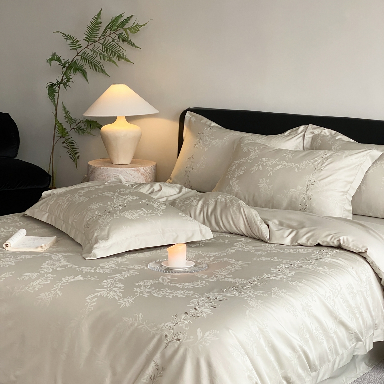 91家纺网 家纺一手货源 找家纺 赫帛 2026春夏新款高端舒柔棉提花刺绣四件套-铃兰 铃兰-嫩芽绿