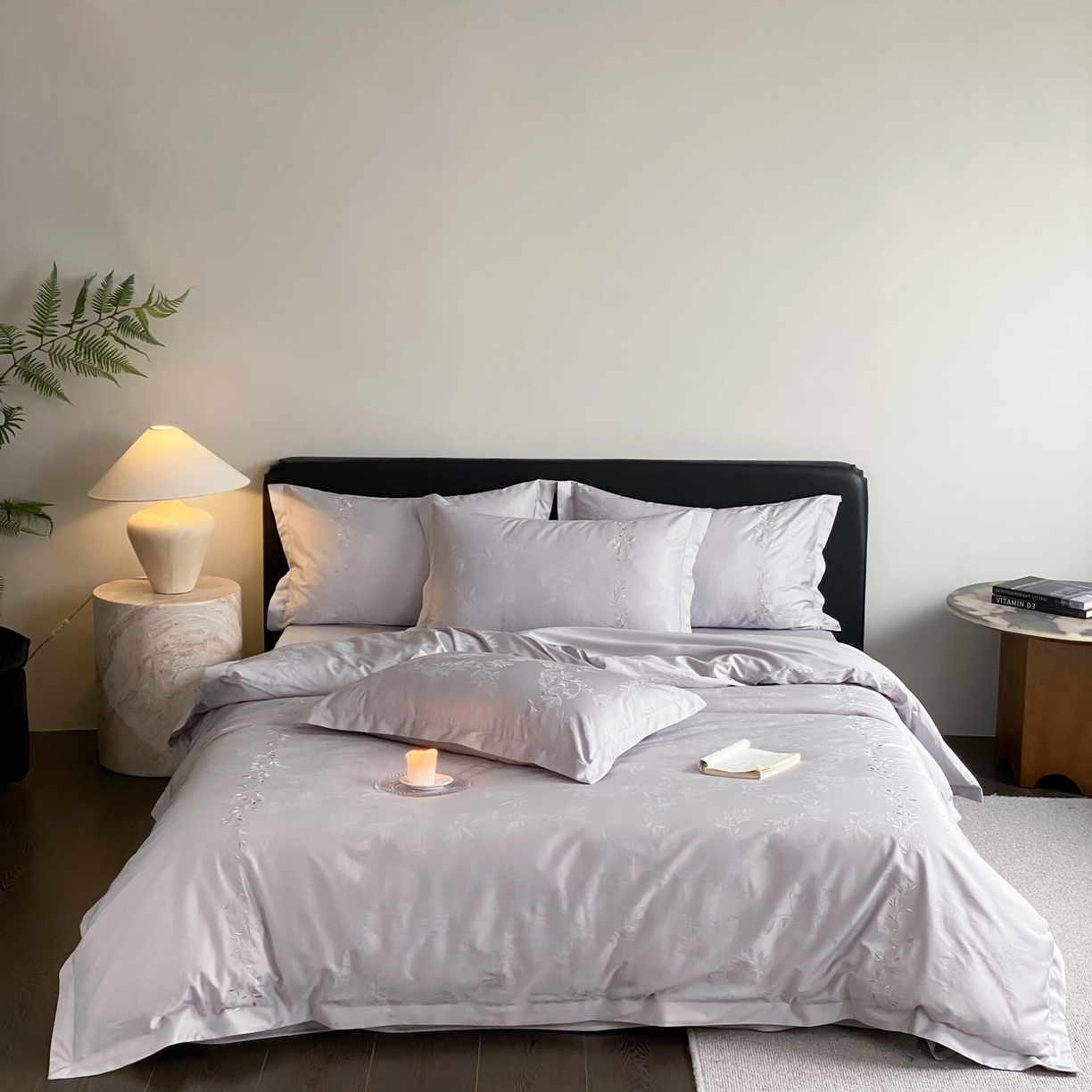 91家纺网 家纺一手货源 找家纺 赫帛 2026春夏新款高端舒柔棉提花刺绣四件套-铃兰 铃兰-藕灰色