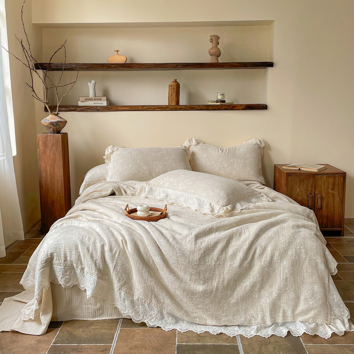 梵克保罗 2026新款棉麻提花四件套（花边款） 草木深