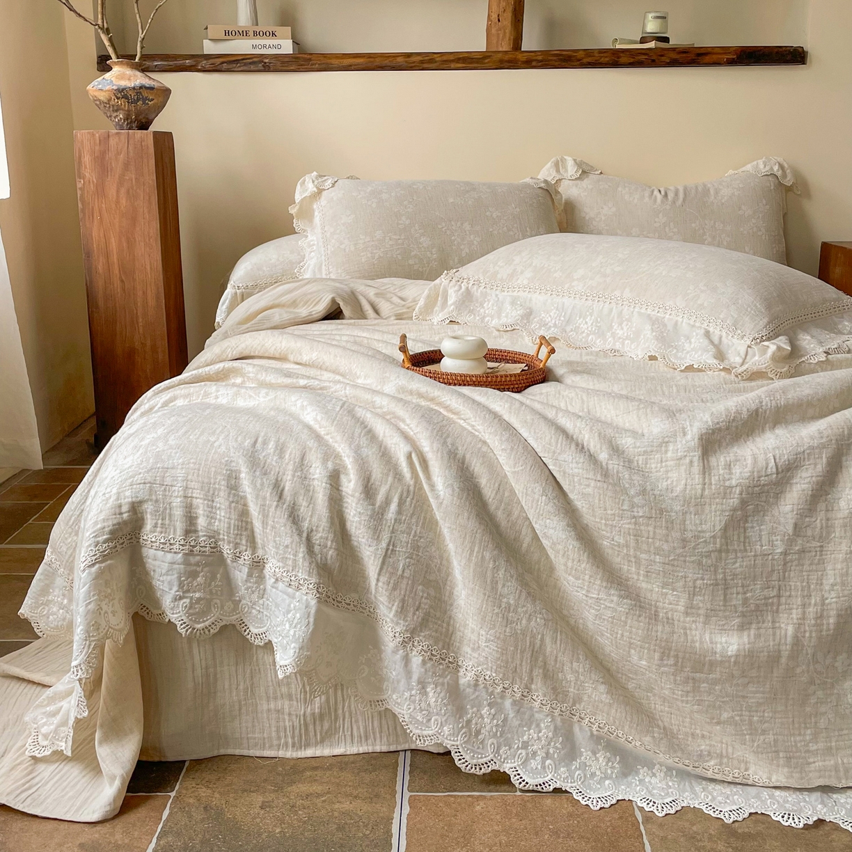 91家纺网 家纺一手货源 找家纺 梵克保罗 2026新款棉麻提花四件套（花边款） 草木深