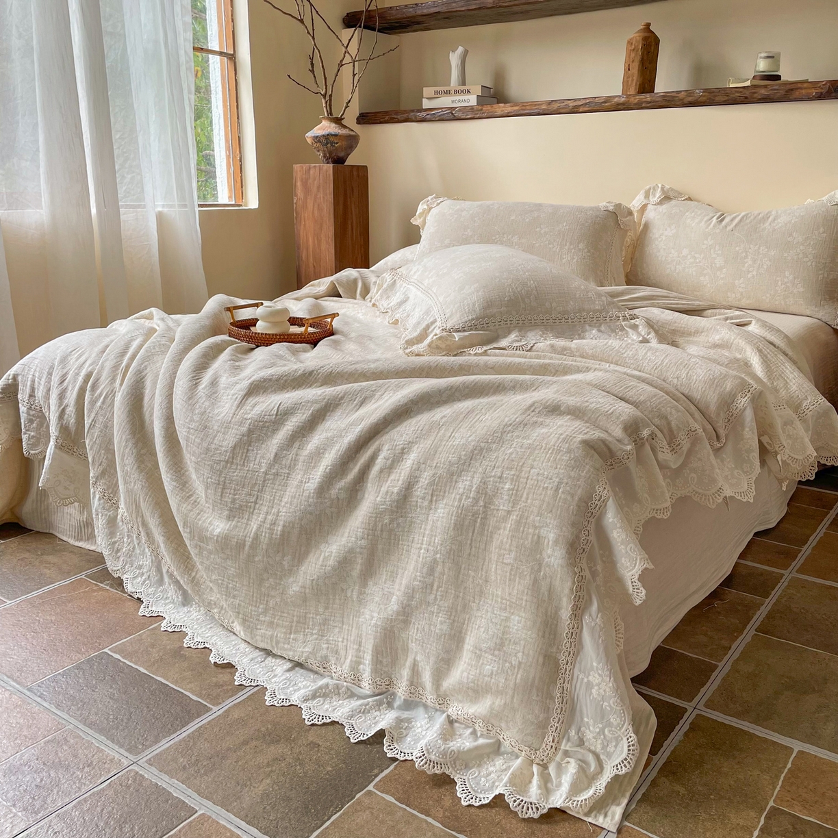 91家纺网 家纺一手货源 找家纺 梵克保罗 2026新款棉麻提花四件套（花边款） 草木深