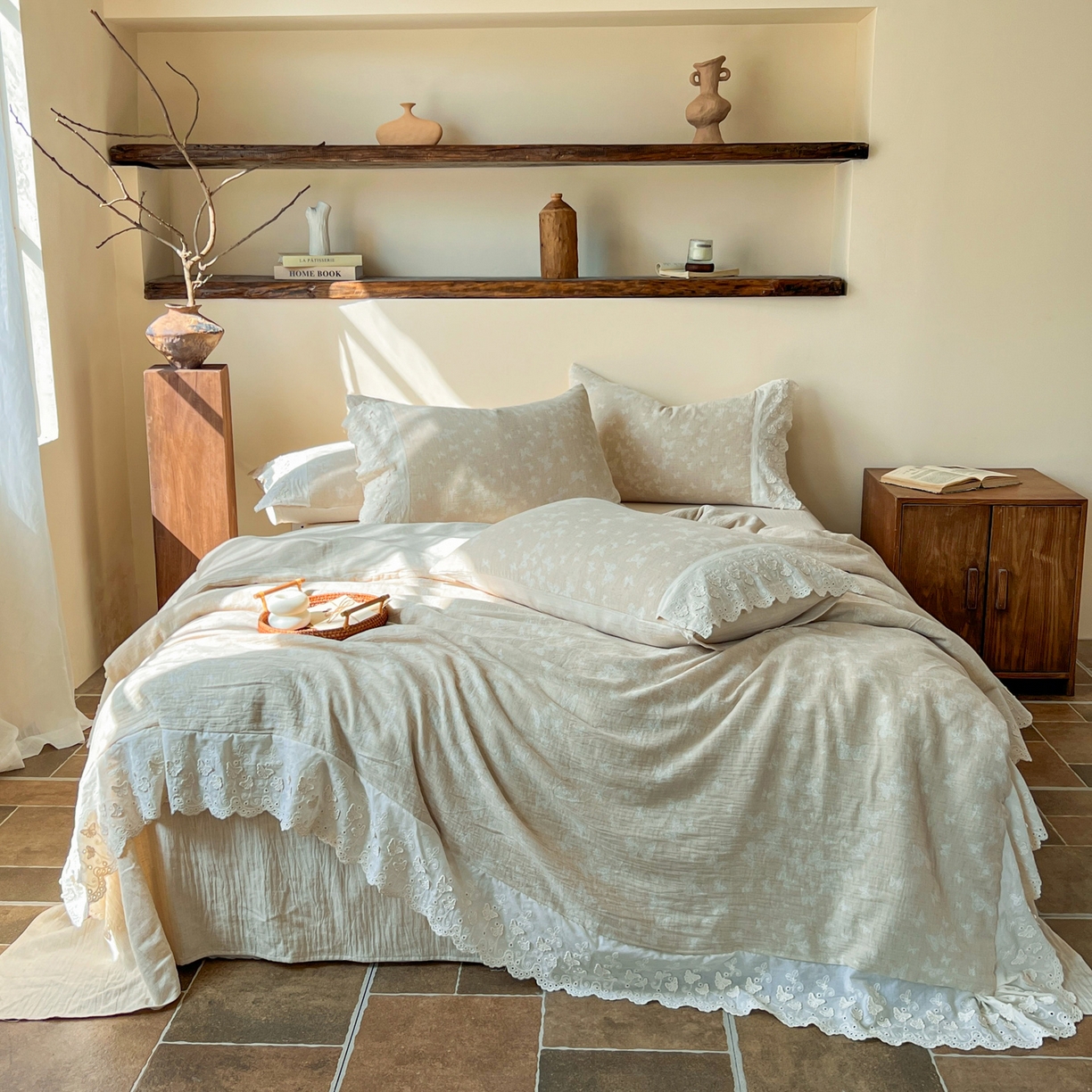 梵克保罗 2026新款棉麻提花四件套（花边款） 蝶寻芳