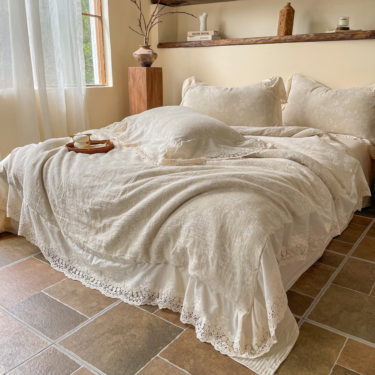 91家纺网 家纺一手货源 找家纺 梵克保罗 2026新款棉麻提花四件套（花边款） 浮生梦