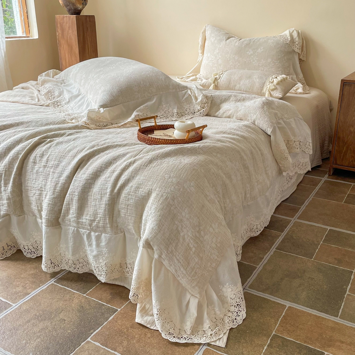 91家纺网 家纺一手货源 找家纺 梵克保罗 2026新款棉麻提花四件套（花边款） 浮生梦