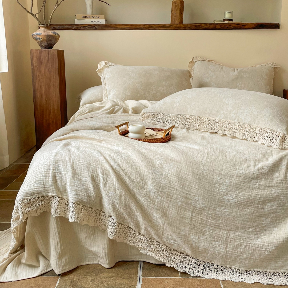 91家纺网 家纺一手货源 找家纺 梵克保罗 2026新款棉麻提花四件套（花边款） 晚风叙