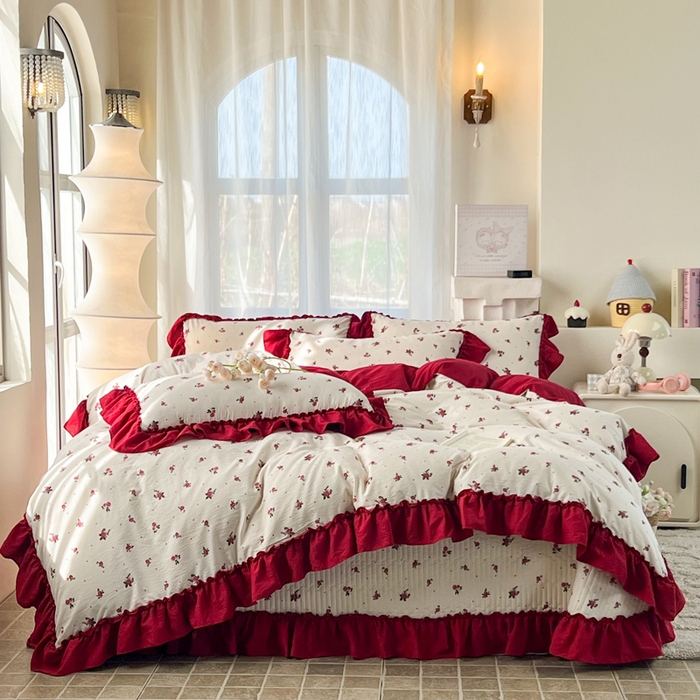 91家纺网 家纺一手货源 找家纺 梵克保罗 2026新款云感双层纱床盖四件套 复古花信